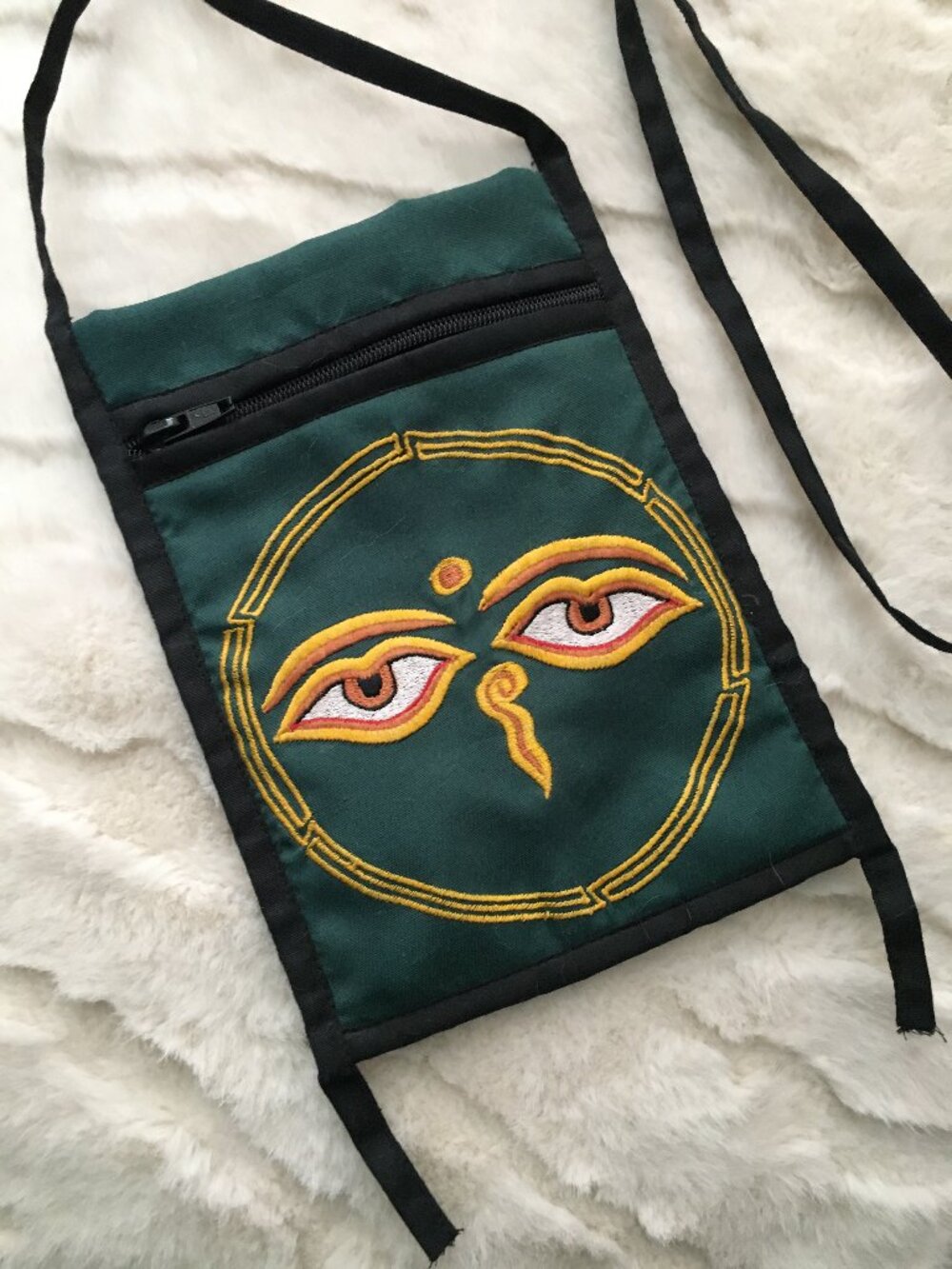 90s Handmade Buddha Eyes Crossbody Pouch Green Himalayan Travel Purse